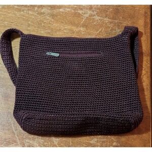 The Sak Crochet Shoulder Bag Brown Knit Boho Slouchy Zip Pocket Handbag